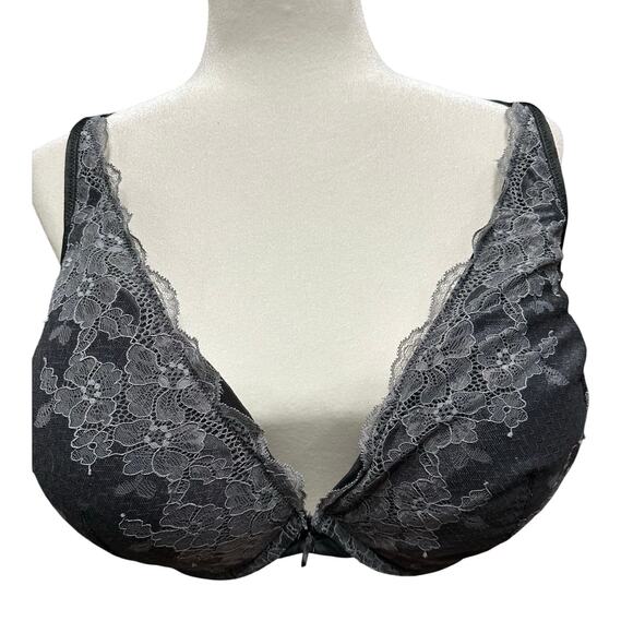 Cacique Bra Boost Plunge Black Gray lace overlay Adjustable strap 50 C - Picture 1 of 8